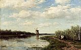 Windmill Canvas Paintings - Figures On A Country Road Along A Waterway, A Windmill In The Distance
